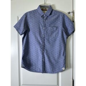 Free Planet Button Up Shirt‎ Men's Medium Blue Boat Anchor Print Cotton Organic